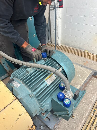 A person wearing gloves is performing maintenance on a large industrial electric motor, handling blue lubricant caps and a hose attached to the machine. The equipment is mounted on a concrete floor near a white brick wall.