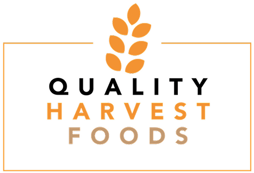 Logo for Quality Harvest Foods featuring a stylized orange wheat graphic above the company name, with the words QUALITY in black, HARVEST in orange, and FOODS in light brown on a white background.