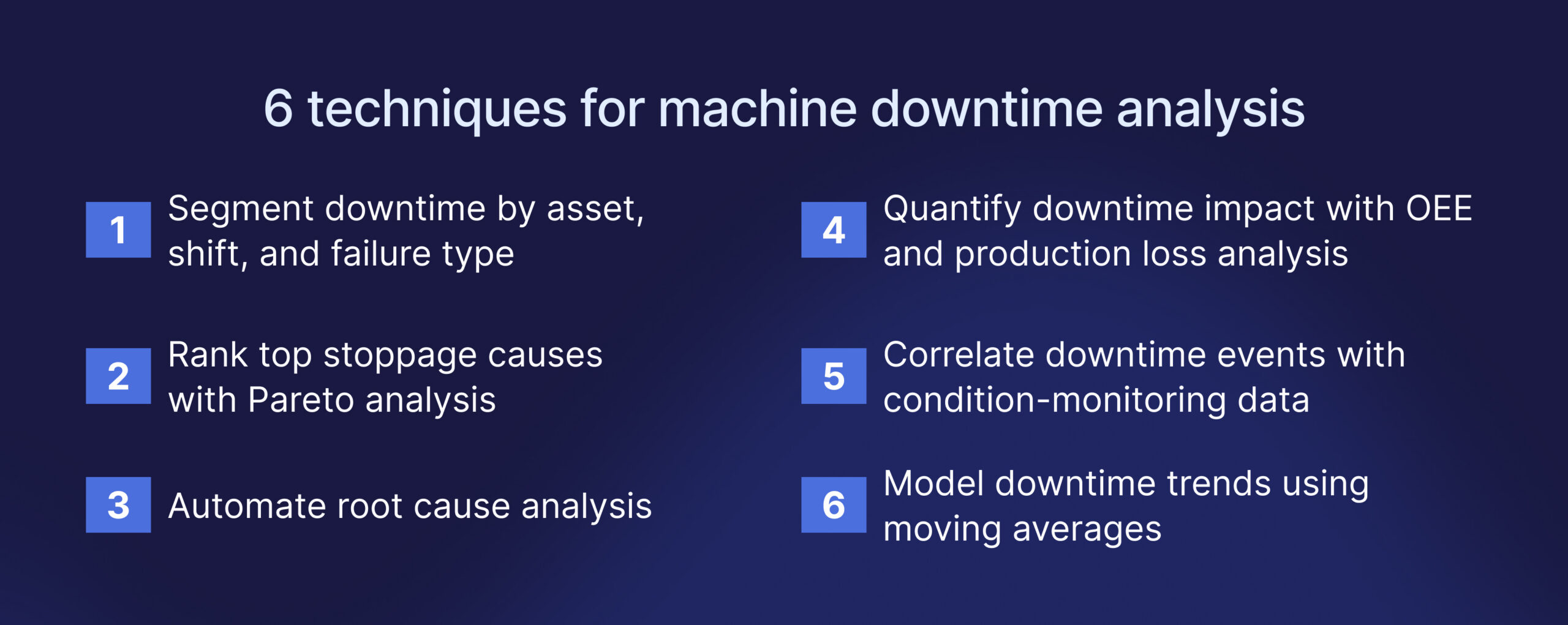 An infographic showing six techniques for machine downtime analysis.