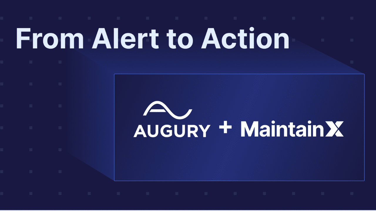 Text reads “From Alert to Action” above the logos for AUGURY and MaintainX on a dark blue background with a subtle dotted pattern.